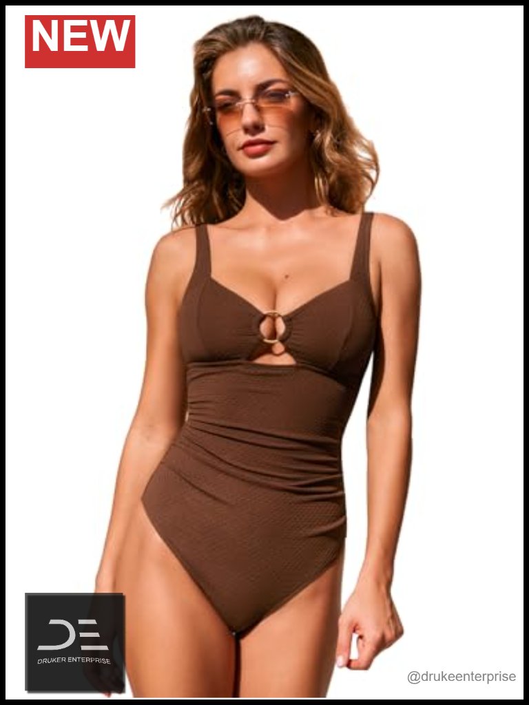 One Piece Swimsuit V Neck Tummy Control Textured Cutout O Ring Adjustable Straps